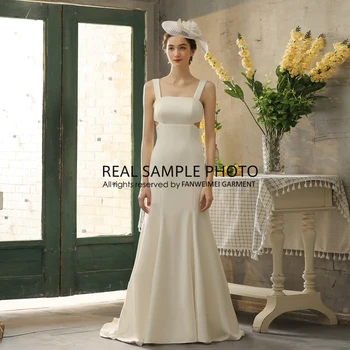 NEKUSTAMĀ FOTO vienkārša, mīksta satīna līgavas kāzu kleitu līgavai kleita rūpnīcas cenu taures sirēna ar vilcienu