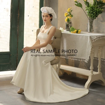 NEKUSTAMĀ FOTO vienkārša, mīksta satīna līgavas kāzu kleitu līgavai kleita rūpnīcas cenu taures sirēna ar vilcienu