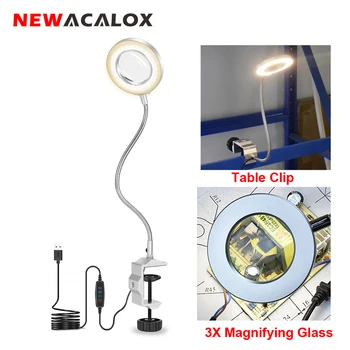 NEWACALOX 3X Palielināmo Stiklu, ar 42 SMD LED Gaismas, Galda Skava USB Galda Lampa Lasījumā Lodēšanas Izgaismotas Lupa Rīks
