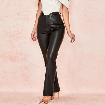 NewAsia Goth Ādas Bikses Melnā Augstu Vidukļa Pogu Zaudēt Garās Bikses Sieviešu Apģērbu Puse Gadījuma Modes Streetwear 2020 Jaunas