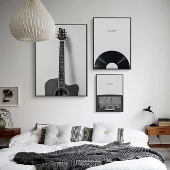 Nostalgic melnā un baltā ģitāra, radio, CD, mūzikas iekārtas, Wall Art Audekls Drukāt Krāsošana Dekoratīvie Attēlu Telpu Dekorēšana
