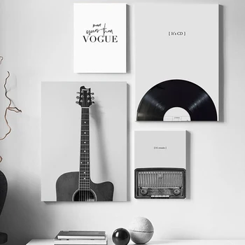 Nostalgic melnā un baltā ģitāra, radio, CD, mūzikas iekārtas, Wall Art Audekls Drukāt Krāsošana Dekoratīvie Attēlu Telpu Dekorēšana