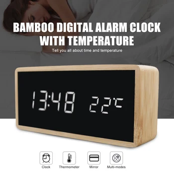 Oriģinālā Bambusa Koka Modinātājs LED Displejs Ar Spoguļa Temperatūra, Digitālais pulkstenis Desktop Ciparu Galda Pulkstenis