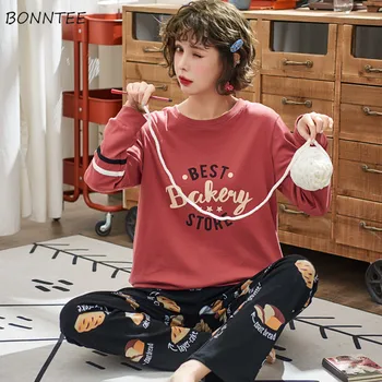 Pajama Komplekti Sieviešu Pavasara garām Piedurknēm Drukāt korejiešu Stilā Zaudēt 3XL Sleepwear Šiks Modes Sieviešu Pidžamas Vienkārši Elegants Ikdienas 42433