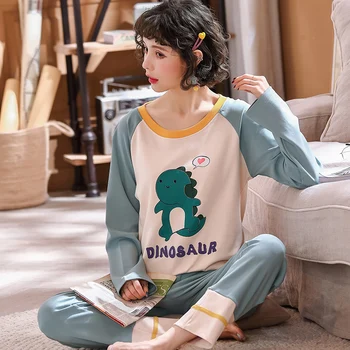 Pajama Komplekti Sieviešu Pavasara garām Piedurknēm Drukāt korejiešu Stilā Zaudēt 3XL Sleepwear Šiks Modes Sieviešu Pidžamas Vienkārši Elegants Ikdienas