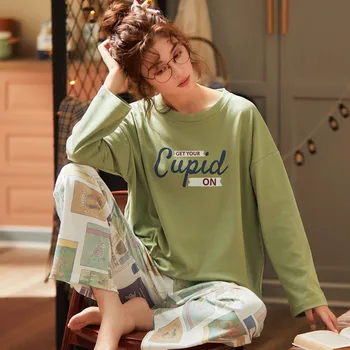 Pajama Komplekti Sieviešu Pavasara garām Piedurknēm Drukāt korejiešu Stilā Zaudēt 3XL Sleepwear Šiks Modes Sieviešu Pidžamas Vienkārši Elegants Ikdienas