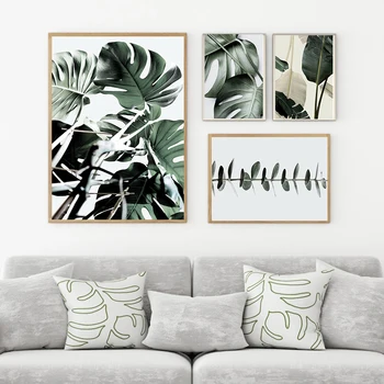 Palmu Koku Augu Sienas Māksla Uz Kanvas Glezna Banānu Lapu Toņos Botāniskais Plakāti Un Izdrukas Mūsdienu Sienas, Attēlus Dzīvojamā Istaba