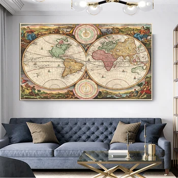Pasaules Karte Retro Vecs Mākslas Audekls Gleznas Dzīvojamā Istaba Izdrukas, Plakāti Sienas Art Home Decoration, Bez rāmja