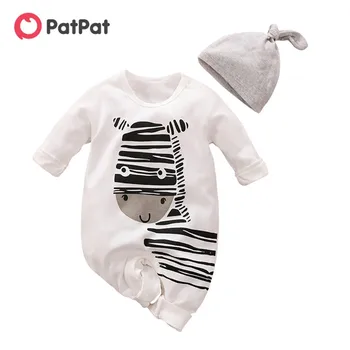 PatPat ir 2021. Jautrs Zebra garām Piedurknēm Kokvilnas 2gab Baby Meiteņu Drēbes Jumpsuit, Baltā krāsā ar Cepuri Bērnu, Jaundzimušā Apģērbu Komplekts