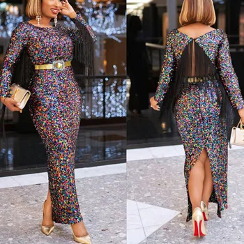 Pavasara Rudens Garām Piedurknēm Āfrikas Apģērbu Āfrikas Kleitas Sieviešu Modes Sequined Africaine Drēbes Maxi Kleita Āfrikas Drēbes