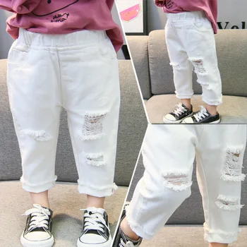 Pavasarī un rudenī jauns bērnu bērnu caurumu gadījuma džinsi meitenei dzidri balts džinsi caurumu bikses bērnu meitenei bikses