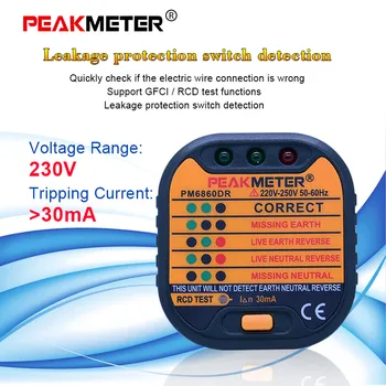PEAKMETER PM6860 Ligzda Testeri 230V ar GFCI RCD testeri Automātiskās elektroenerģijas diagnostikas noplūdes detektors monitora ligzda