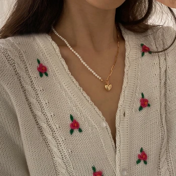 Peri'sbox Asimetriska Ķēdes Fāzēm Shell Pērļu Kaklarotu Mīlestību Sirdī Šarmu sānslīdi kaklasaite Kaklarotas Sievietēm, kas Saistīti Minimālisma Kaklarota