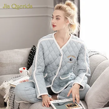 Pidžamas Komplekts Moderns Homewear Ziemas Bieza 3 Slāņu Polsterējums Pidžamas Putnu Izšuvumi Šiks Bikses Jaunāko Dizaina Kokvilnas + Samta Pidžamas