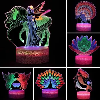 Pieskarieties Sensora LED 3d Gaismas 3colors Mainīt Led Nakts Gaisma Bērniem Fariy Pāvs Unicorn Nightlight Galda Lampas Xmas Dāvanas
