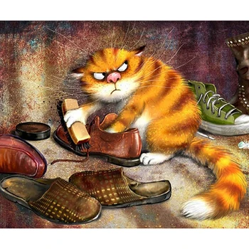 Pilnu Kvadrātveida/apaļā Dimanta 5D DIY Dimanta Krāsošana Kaķis ar apavu birsti Izšuvumi Krustdūrienā Rhinestone Mozaīkas Mājas Dekoru