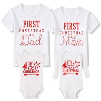Pirmajos Ziemassvētkos, kā Tētis un Mamma Balts Tshirt Mana Pirmā Ziemassvētku Bērnu Bodysuit Atbilstošas Ģimenes Tērpiem, Tēvs, Māte Bērnu Drēbes