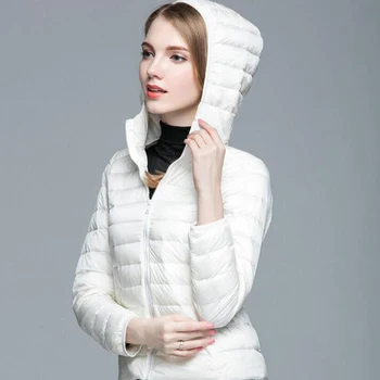 Plus lieluma ultra light pīļu dūnu jaka sievietēm īsā kapuci silts mētelis sieviešu parka slim leju jakas sieviešu Portatīvo virsdrēbes
