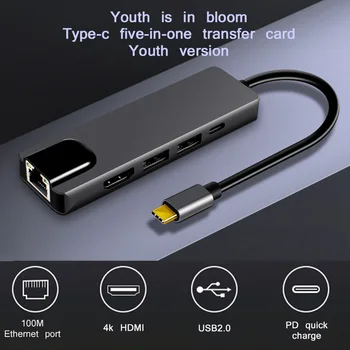 Portatīvo USB 2.0 High Speed Ostas Tipa C Hub 4K HDMI Klēpjdatoru PD Ātrās Uzlādes 100m Ethernet Port RJ45 par MacBook Pro