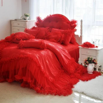 Princese Mežģīnes greznība kāzu gultas piederumi komplekti, queen, king size bēša/rozā/sarkana/violeta krāsa 4/6/8pcs bedskirt+spilvendrāna+sega sedz s