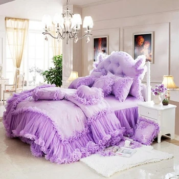 Princese Mežģīnes greznība kāzu gultas piederumi komplekti, queen, king size bēša/rozā/sarkana/violeta krāsa 4/6/8pcs bedskirt+spilvendrāna+sega sedz s