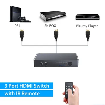 PROZOR 3 Port HDMI Switch with Audio Nosūcējs Ar Tālvadības pulti, 4K, 3D, Atbalsta LOKA PIP Mini HDMI uz HDMI Adaptera Slēdzis