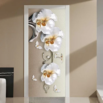 PVC Pašlīmējošas Ūdensizturīgs Durvju Uzlīmes Eiropas Stilā 3D Stereo Butterfly Orhideju Ziedi Sienas Tapetes Luksusa Sienas Uzlīmes