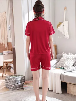 Pāri Mīļotājiem Pidžamas Komplekti Sievietēm Īsām piedurknēm Vasaras Pyjama Zaudēt Vīriešiem Mākslīgās Zīda Stila Pāris Pijama Uzstādīt Sleepwear Top+ Bikses