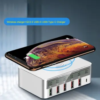 QC 3.0 C Tipa Bezvadu Fast Charger 4-Portu USB Lādētājs ar LCD Displejs Priekš iPhone, Samsung, Huawei USB Lādētāju Station Dock