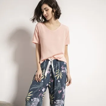 QWEEK Pidžamas Komplekts Dāmas 2020. Gada Vasaras Jaunas Sievietes, V-veida Kakla Lapas Iespiestas Sleepwear pijamas Gadījuma Valkāt pidžamas Homewear