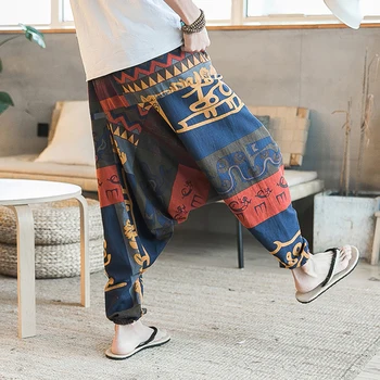 Retro Mīksti Kokvilnas Haren Lauka Bikses Vīriešu Etnisko Stilu, Ielu Deju Apģērbi Mens Casual Elpojošs Liela Izmēra Apgriezts Bikses Streetwear