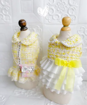 Roku Darbs Citronu Dzeltenā Tvīda Suņu Apģērbu Pet Mētelis Princese Kleita Apģērbs Kūka Svārki C**L Stila Ķēdes Soma Aksesuāru Izvēle 3
