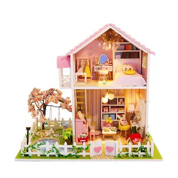 Rozā lelle māja dārza koka villa miniatūra leļļu namiņš komplekts piederumi mēbeles koka māju rotaļlieta bērniem poppenhuis lampas 16380