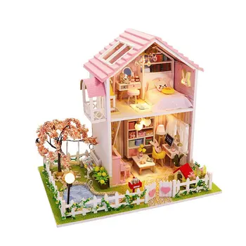 Rozā lelle māja dārza koka villa miniatūra leļļu namiņš komplekts piederumi mēbeles koka māju rotaļlieta bērniem poppenhuis lampas