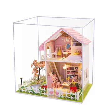 Rozā lelle māja dārza koka villa miniatūra leļļu namiņš komplekts piederumi mēbeles koka māju rotaļlieta bērniem poppenhuis lampas