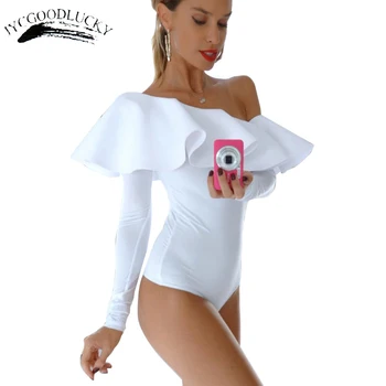 Rudens Ar Garām Piedurknēm Bodysuit Ķermeņa Sieviete Baltā Off Pleca Elegants Ruffles Bodysuit Sievietēm (Dungriņi) Sexy Catsuit Ķermeņa Femme