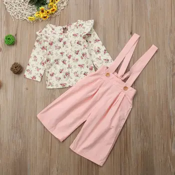Rudens Bērniem, Baby Girl Apģērbu Ziedu garām Piedurknēm Topi, T-krekls, kombinezoni ar Krūšdaļu Siksna Bikses (dungriņi) 2gab Tērpiem Kokvilnas Ikdienas Apģērbu 1-5T
