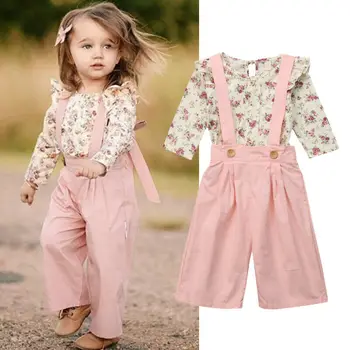 Rudens Bērniem, Baby Girl Apģērbu Ziedu garām Piedurknēm Topi, T-krekls, kombinezoni ar Krūšdaļu Siksna Bikses (dungriņi) 2gab Tērpiem Kokvilnas Ikdienas Apģērbu 1-5T