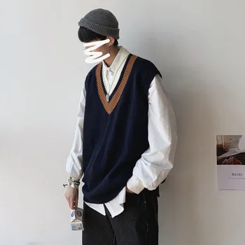 Rudens Džemperis Veste Vīriešu Modes vienkrāsainu Gadījuma Trikotāžas Džemperis Vīriešiem Streetwear Savvaļas Vaļīga Veste Adīšanas Džemperi Mens