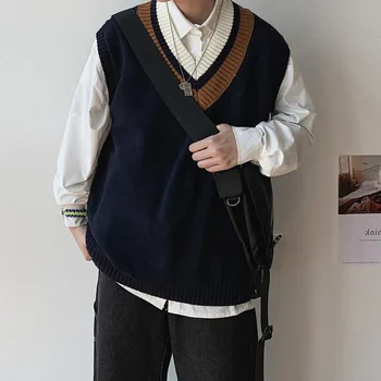 Rudens Džemperis Veste Vīriešu Modes vienkrāsainu Gadījuma Trikotāžas Džemperis Vīriešiem Streetwear Savvaļas Vaļīga Veste Adīšanas Džemperi Mens