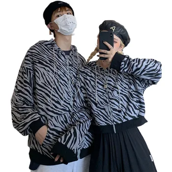 Rudens Hip Hop Stilā Svītraina Zebra Drukāt Pāris Matching Pelēkā Vārna Zip-Up Kapuci Sporta Krekls Sievietēm Īsā Vīriešiem Garās Ielas Modes Augšu