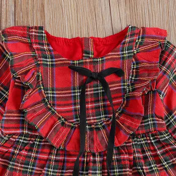 Rudens Jaundzimušais Meitenes princese ziemassvētku Drēbes Ruffles Long Sleeve Red Pleds Kleitu Topi, Bikses, Gruntis, Apģērbs Komplekts 0-4Y