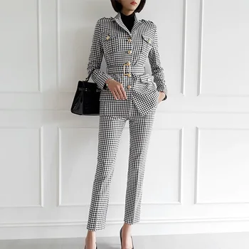 Rudens Jaunās Divu gabals, kas korejiešu Stilā, Modes Retro Pleds Komplekti Sieviešu garām Piedurknēm Vienu-krūšu Jaka + Slim Garās Bikses, Uzvalks