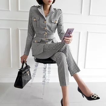 Rudens Jaunās Divu gabals, kas korejiešu Stilā, Modes Retro Pleds Komplekti Sieviešu garām Piedurknēm Vienu-krūšu Jaka + Slim Garās Bikses, Uzvalks