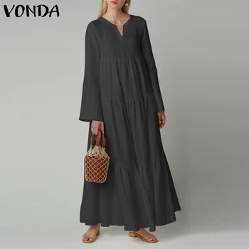 Rudens Maxi Kleita ir 2021. VONDA Sexy V Kakla garām Piedurknēm vienkrāsainu, Elegants Kleitas Plus Lieluma Bohēmijas Sundress Femme Drēbes Vestidos