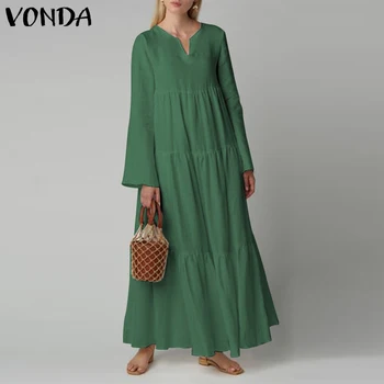 Rudens Maxi Kleita ir 2021. VONDA Sexy V Kakla garām Piedurknēm vienkrāsainu, Elegants Kleitas Plus Lieluma Bohēmijas Sundress Femme Drēbes Vestidos