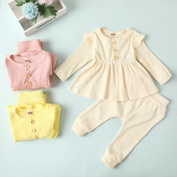 Rudens Pavasara Baby Meitenes Apģērbu Komplekts 2gab Zīdaiņu Salātu Toddler Apģērbu ar garām Piedurknēm ar Apaļu Kakla Savirmot Top Elastīgās Bikses