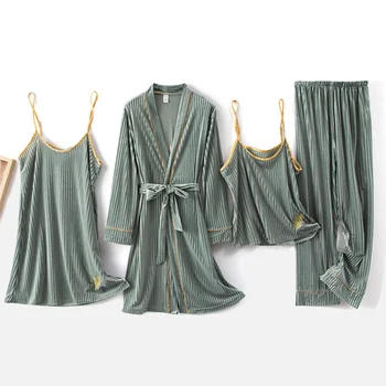 Rudens Zelta Samta Sieviešu Pidžamas Komplekts Siltā Sleepwear 2020. Gadam Sieviešu Četras Gabals, Kas Homewear Eleganti Izšuvumi Dāma Sleepwear
