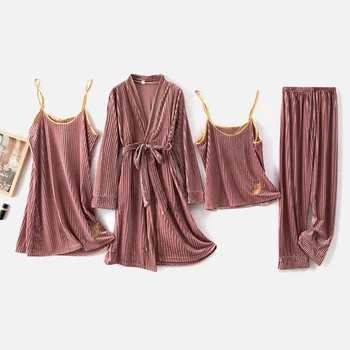 Rudens Zelta Samta Sieviešu Pidžamas Komplekts Siltā Sleepwear 2020. Gadam Sieviešu Četras Gabals, Kas Homewear Eleganti Izšuvumi Dāma Sleepwear