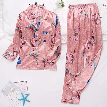 Rudens Ziemas Drukāt Rakstu Sieviešu Pidžamas Komplekts Satīna Zīda Savukārt Apkakle Pidžamu Sleepwear Long Sleeve Bikses Divas Papīra Uzvalks